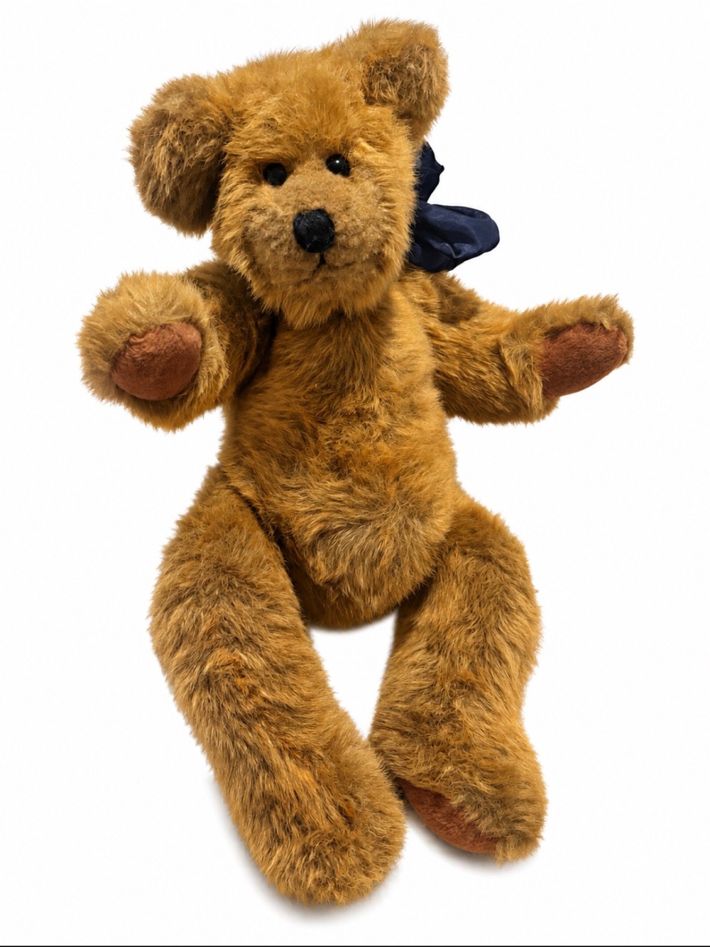 Vintage TY Teddy Bear Plush Golden Brown Long Legs Navy Bow Collectible